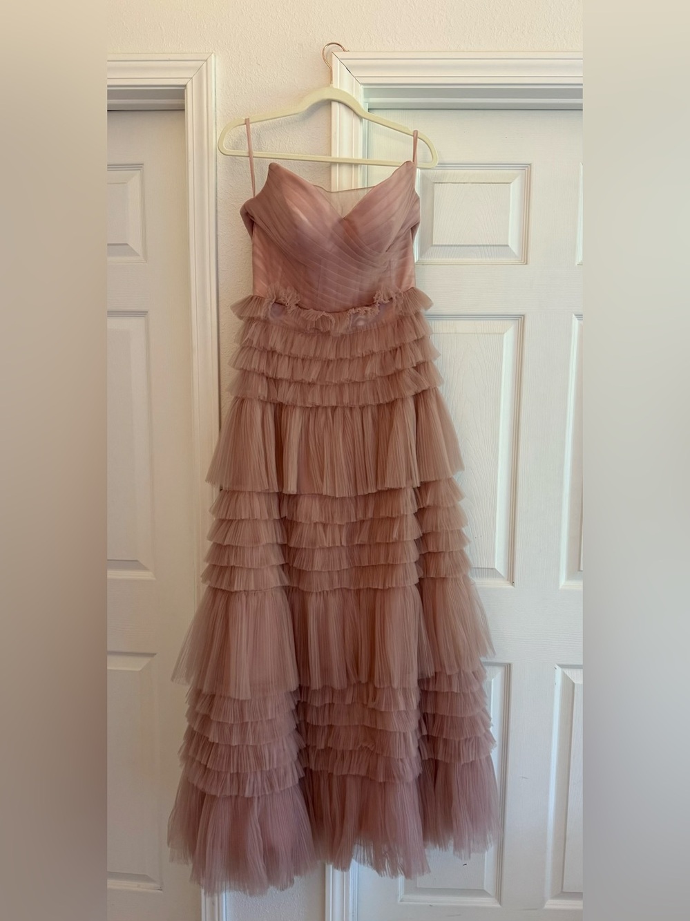 Strapless Tiered Ruffle Evening Dress in Dusty Rose